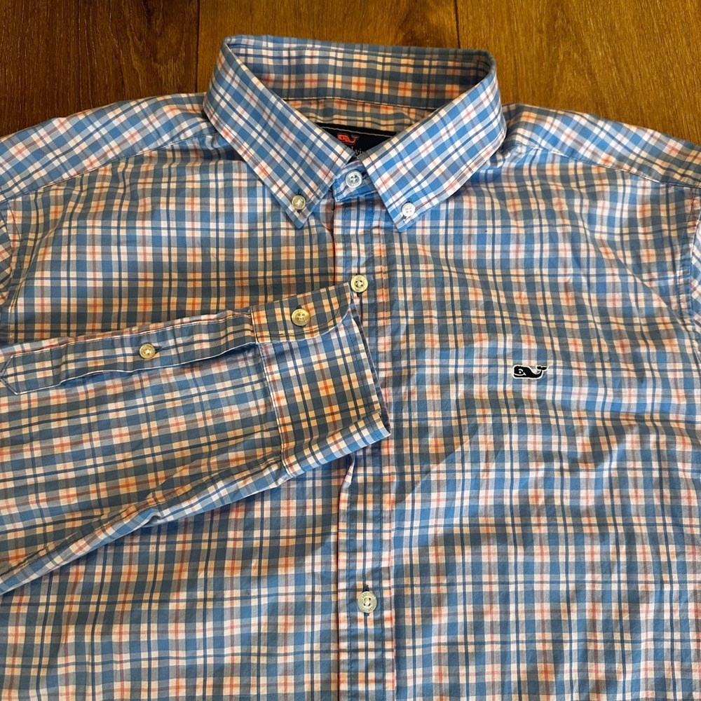 Vineyard Vines Mens XL Blue Orange Plaid Whale Shirt Button Down 1W6173 Cotton